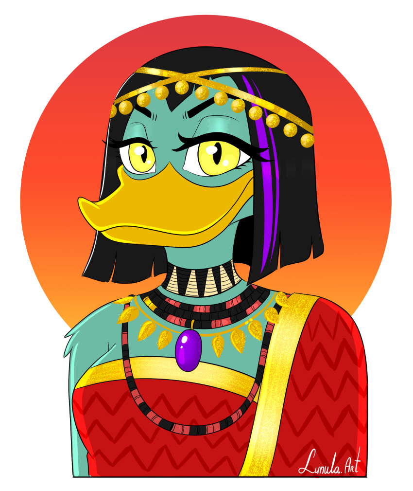 accurate anatid ancient ancient_civilization anseriform anthro avian bird breasts clothing costume crown disney duck ducktales ducktales_(2017) female half-closed_eyes halloween halloween_costume headgear hi_res holidays jewelry lunula_(artist) magica_de_spell narrowed_eyes necklace royalty smile solo sumerian