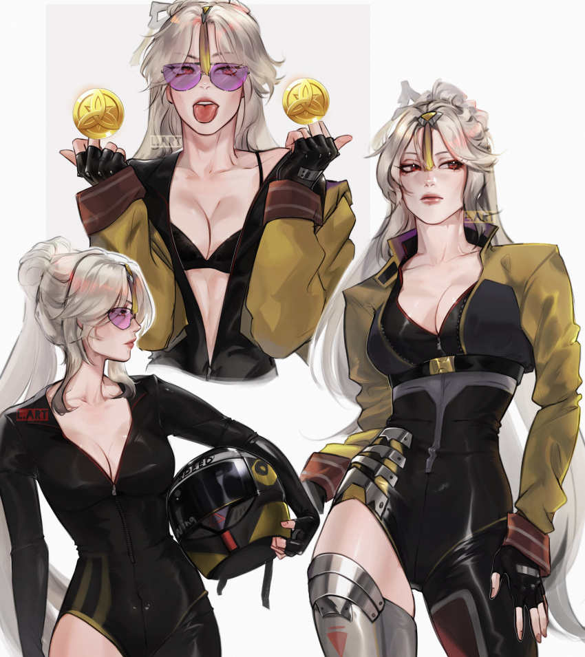 absurdres black_gloves breasts cleavage female fingerless_gloves genshin_impact glasses gloves hair_ornament helmet highres jacket large_breasts lart_art1 lips long_hair mora_(genshin_impact) multiple_views ningguang_(genshin_impact) racing_suit simple_background teeth tongue tongue_out upper_teeth_only very_long_hair white_background white_hair yellow_jacket