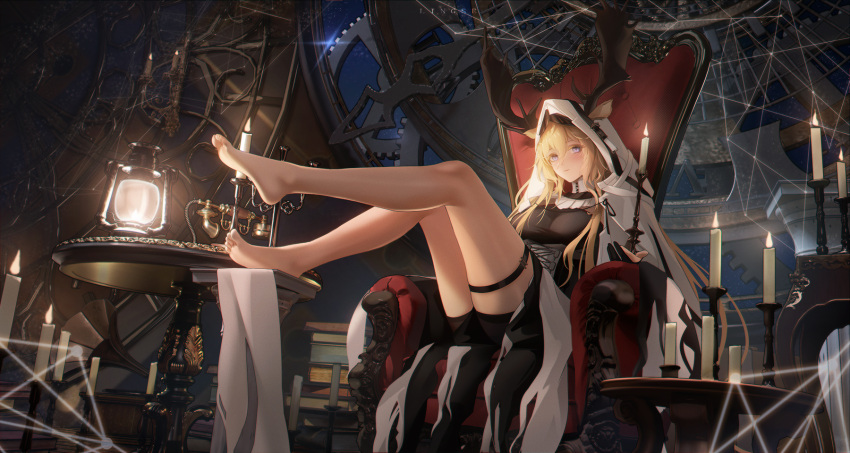 animal_ears antlers antlers_through_hood arknights bare_legs barefoot blonde_hair blue_eyes blush book book_stack breasts candle candlestand cape chair deer_antlers deer_ears deer_girl ears_through_hood feet female fire hair_between_eyes highres hood hood_up hooded_cape horns indoors lantern large_breasts legs legs_up ling_dianxia long_hair looking_at_viewer night sitting sky soles solo table thighs toes viviana_(arknights) white_cape