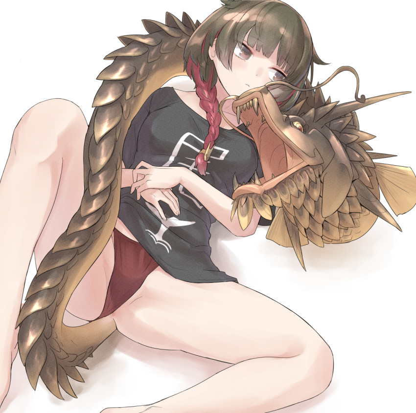 black_shirt braid breasts brown_eyes brown_hair chinese_zodiac closed_mouth clothes_writing commentary_request dragon eastern_dragon female highres looking_to_the_side lying medium_breasts miyako_(naotsugu) multicolored_hair on_back original panties red_hair red_panties shirt simple_background single_braid solo t-shirt thighs translation_request two-tone_hair underwear white_background year_of_the_dragon