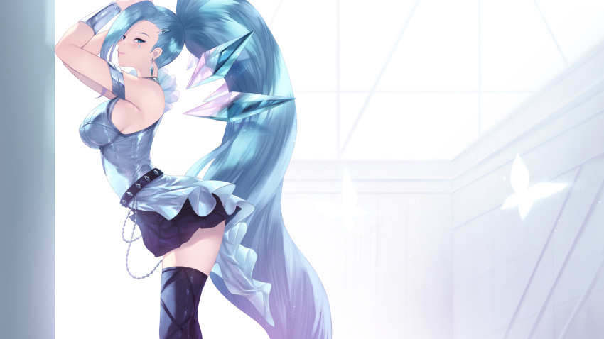 belt black_skirt black_thighhighs blue_eyes blue_hair blue_shirt breasts bug butterfly cait_aron crystal_earrings earrings female from_side highres jewelry k/da_all_out_seraphine_superstar large_breasts league_of_legends light_smile long_hair looking_at_viewer ponytail seraphine_(league_of_legends) shirt single_vambrace skirt sleeveless sleeveless_shirt solo thighhighs vambraces very_long_hair zettai_ryouiki