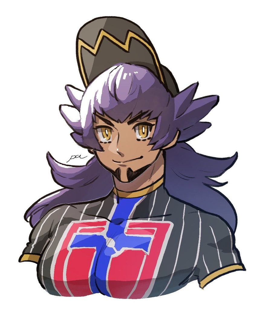 1boy baseball_cap beard bright_pupils champion_uniform closed_mouth dark-skinned_male dark_skin facial_hair hat highres leon_(pokemon) long_hair looking_at_viewer male_focus paa_(drgnstom) pectorals pokemon pokemon_swsh purple_hair shield_print shirt signature smile solo sword_print upper_body white_pupils yellow_eyes