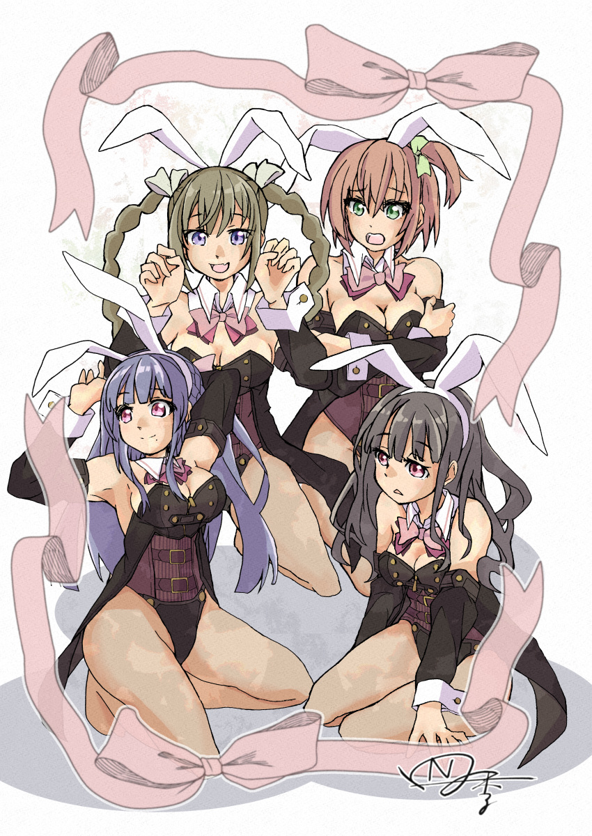 4girls absurdres adapted_costume amamiya_sophia_seren animal_ears arm_behind_head arms_under_breasts arms_up artist_name assault_lily bare_shoulders belt belt_buckle black_hair black_leotard blunt_bangs bow bowtie braid breasts brown_belt brown_hair brown_leotard brown_pantyhose buckle buttons cleavage closed_mouth coattails commentary_request covering_breasts covering_privates detached_collar detached_sleeves fake_animal_ears french_braid fukuyama_jeanne_sachie full_body green_bow green_eyes grey_ribbon groin hair_between_eyes hair_ribbon hairband hairbow hands_up highres kishimoto_lucia_raimu kneeling kuroki_francisca_yuria leotard long_hair long_sleeves looking_ahead looking_at_viewer looking_to_the_side ludvico_private_girls'_academy_school_uniform medium_breasts mole mole_under_mouth multiple_belts multiple_girls naganuki_shiki oerba_yun_fang open_mouth orange_hair pantyhose parted_lips paw_pose pink_bow pink_bowtie pink_eyes pink_ribbon playboy_bunny purple_eyes purple_hair rabbit_ears raised_eyebrows ribbon school_uniform short_hair sidelocks signature sitting smile strapless strapless_leotard twin_braids twintails two-tone_leotard wavy_hair white_background white_hairband yokozuwari