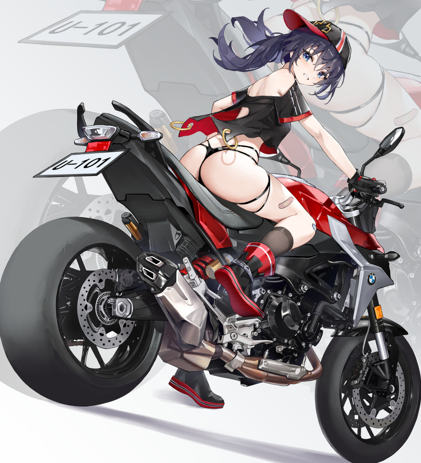 absurdres ass azur_lane bandaid bandaid_on_leg baseball_cap bikini bikini_bottom_only black_gloves black_hair black_shirt bmw character_name female from_behind gloves hat highres hundun_no_bifang looking_at_viewer looking_back md5_mismatch motor_vehicle motorcycle off_shoulder on_motorcycle shirt sitting smile swimsuit thong_bikini u-101_(azur_lane) zoom_layer