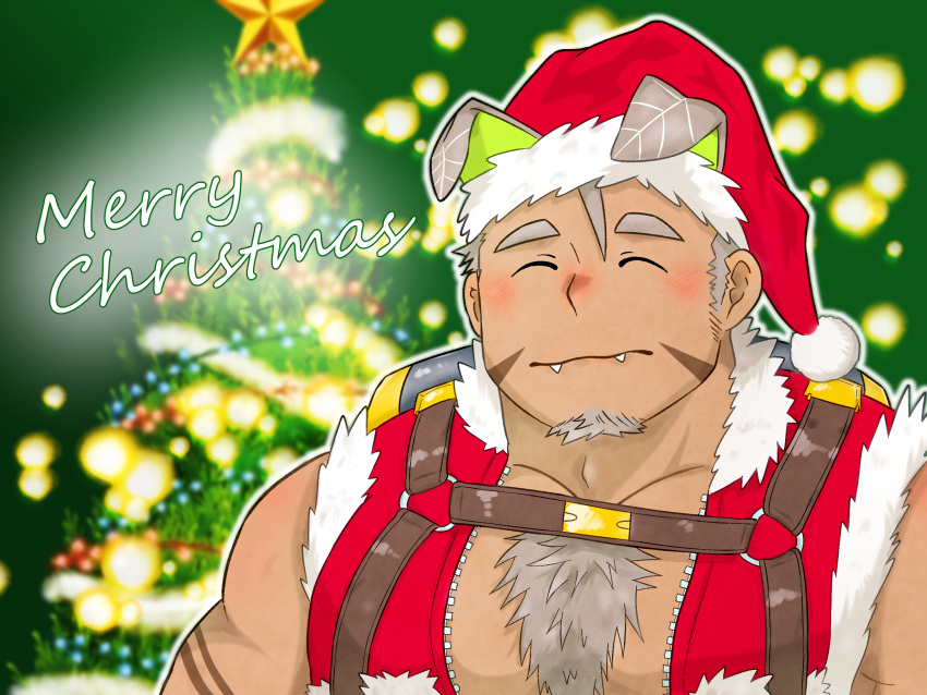 1boy ^_^ animal_ears bara body_fur christmas christmas_tree closed_eyes dark-skinned_male dark_skin dog_boy dog_ears facial_hair fangs goatee gomeisa_(live_a_hero) grey_hair hat highres hiroki_(hirokiin2jigen) large_pectorals live_a_hero male_focus merry_christmas muscular muscular_male official_alternate_costume pectorals red_hat santa_costume santa_hat short_hair solo thick_chest_hair thick_eyebrows unzipped upper_body