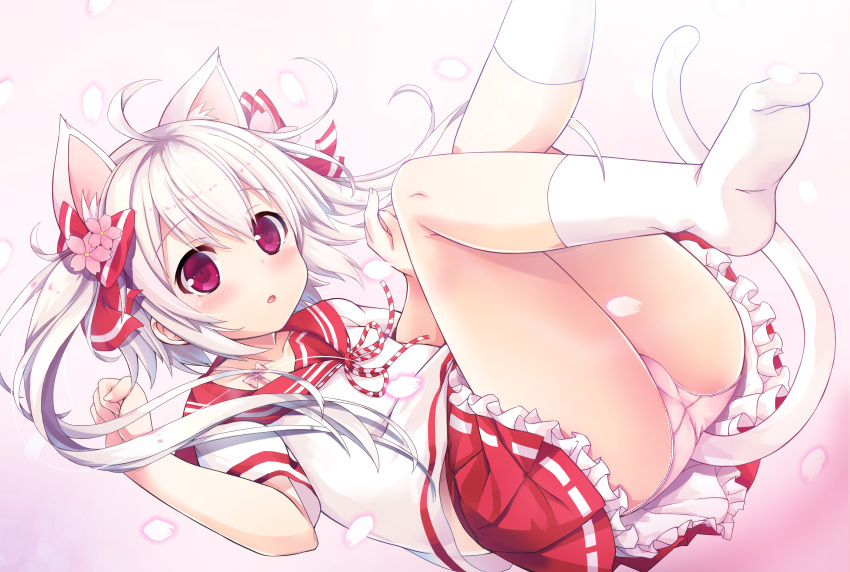 :o absurdres ahoge animal_ears ass blush bow cat_ears cat_girl cat_tail collarbone commentary_request extra_ears female flower frilled_skirt frills hair_flower hair_ornament hairbow highres medium_hair original panties petals pink_panties purple_eyes red_bow sailor_collar sakuraba_hikaru_(loveindog) school_uniform serafuku skirt socks solo sugimura_runa tail thighs underwear white_hair white_socks