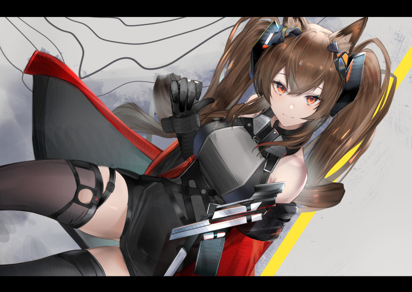 absurdres angelina_(arknights) angelina_(endfield)_(arknights) animal_ears arknights arknights:_endfield bare_shoulders black_gloves black_thighhighs breasts brown_eyes brown_hair commentary_request eugle_na female fox_ears gloves highres letterboxed long_hair looking_at_viewer medium_breasts official_alternate_costume smile solo thighhighs thighs twintails very_long_hair