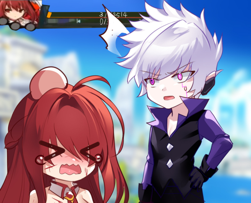 >_< 1boy add_(elsword) bare_shoulders black_gloves chibi detached_collar elesis_(elsword) elsword female gameplay_mechanics gloves long_hair lunatic_psyker_(elsword) purple_eyes purple_shirt red_hair rourou_(been) shirt short_hair white_hair