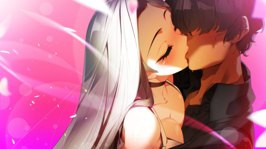 1boy bare_shoulders black_collar black_hair blush breast_press breasts cha_seol-hwa cleavage close-up closed_eyes collar collarbone dark-skinned_male dark_skin dress face-to-face faceless faceless_male female from_above game_cg hair_over_eyes hair_over_shoulder highres kissing light_particles long_hair miracle_snack_shop non-web_source nose_blush official_art parted_bangs petals philia_salis pink_background shaded_face shadow shiny_skin sidelocks simple_background sweat talesshop ukero upper_body white_hair