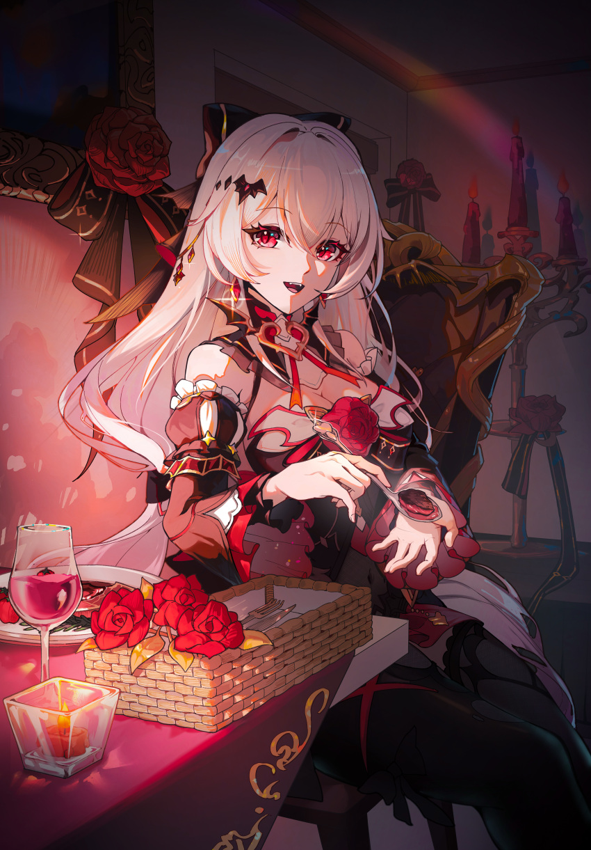 absurdres alcohol bare_shoulders bat_hair_ornament black_dress black_thighhighs bottle bow breasts candle candlestand chair chinese_commentary cleavage commentary_request cup detached_sleeves dress drinking_glass earrings female flower food fork hair_between_eyes hair_ornament hairbow highres holding honkai_(series) honkai_impact_3rd indoors jewelry large_breasts long_hair long_sleeves looking_at_viewer open_mouth qing_shi_mang_xue_(user_faem7575) red_eyes red_flower red_rose rose sitting smile solo table theresa_apocalypse theresa_apocalypse_(luna_kindred) theresa_apocalypse_(lunar_vow:_crimson_love) thighhighs vampire white_hair wine wine_bottle wine_glass