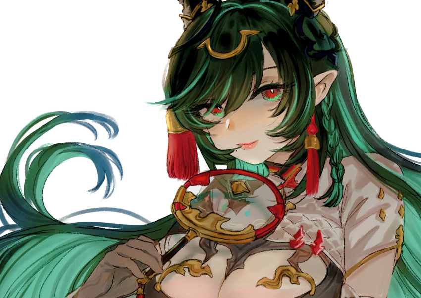 binik_ex black_gloves black_hair breast_cutout breasts cleavage cleavage_cutout clothing_cutout colored_inner_hair detached_sleeves dragon_girl dragon_horns draph female gloves gradient_hair granblue_fantasy green_eyes green_hair hair_ornament highres horn_ornament horns large_breasts lipstick long_hair looking_at_viewer makeup mole mole_under_mouth multicolored_eyes multicolored_hair payila_(granblue_fantasy) pointy_ears red_eyes solo tassel tassel_hair_ornament tuanshan two-tone_eyes two-tone_hair very_long_hair white_background