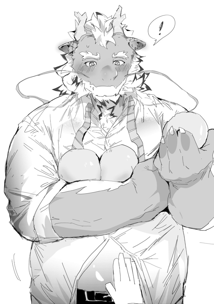 ! aqua_skin bara beard belly belly_rub betukusa blush cowboy_shot dragon_boy dragon_horns facial_hair food fruit full_beard furry furry_male greyscale highres horns huge_eyebrows long_mustache male_focus monochrome motion_lines moustache necktie oerba_yun_fang partially_unbuttoned peach pectorals plump pov pov_hands qinglong_(housamo) shirt skin_fang solo_focus spoken_exclamation_mark thick_beard tokyo_afterschool_summoners two-tone_beard undone_necktie wet wet_clothes wet_shirt yaoi