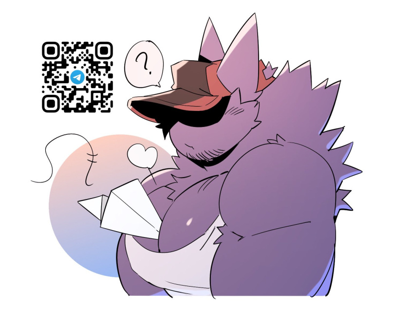 anthro big_chest big_pecs clothing facial_hair generation_1_pokemon gengar hat headgear headwear hi_res kokuhane_(character) kokukokuboo makeup male muscular muscular_anthro muscular_arms muscular_male nintendo paper_airplane papercraft pecs pokemon pokemon_(species) purple_body purple_skin qr_code question_mark red_clothing red_hat red_headwear shadowed_eyes simple_background solo topwear vertical_mouth white_background white_clothing white_topwear