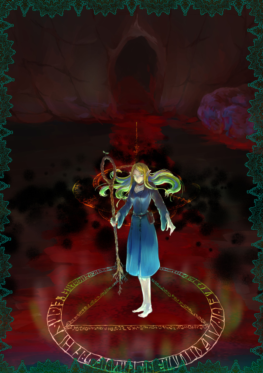 absurdres barefoot belt_pouch blonde_hair blood_on_ground border choker dead_animal dragon dungeon_meshi elf female floating_hair glowing highres holding holding_staff hooded_dress long_hair long_sleeves looking_at_viewer magic magical_girl marcille_donato pointy_ears pouch solo sprout staff wide_shot zukka