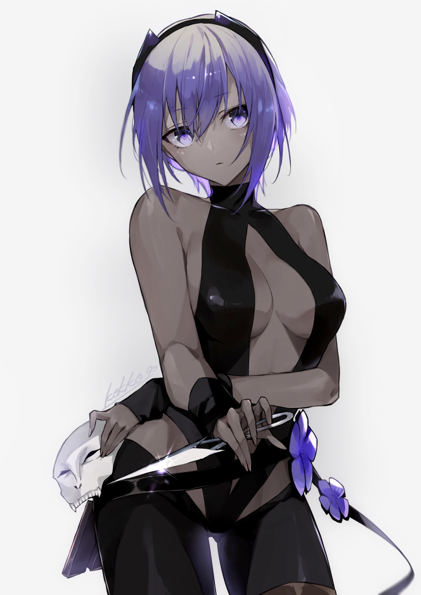 absurdres bare_shoulders black_gloves black_hairband black_leotard breasts center_opening colored_skin dark-skinned_female dark_skin fate/prototype fate/prototype:_fragments_of_blue_and_silver fate_(series) female fingerless_gloves gloves grey_skin hairband hassan_of_serenity_(fate) highres kino_kokko kunai leggings leotard looking_at_viewer mask medium_breasts navel purple_eyes purple_hair short_hair sidelocks solo very_dark_skin weapon