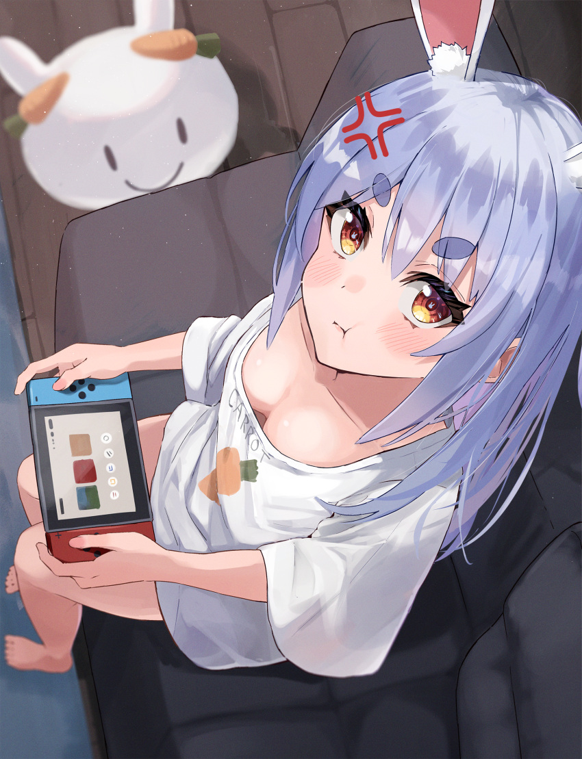 alternate_costume animal_ears barefoot blue_hair blush breasts cleavage female handheld_game_console haru_yu highres holding holding_handheld_game_console hololive long_hair nintendo_switch pekomon_(usada_pekora) pout rabbit-shaped_pupils rabbit_ears red_eyes shirt sitting small_breasts symbol-shaped_pupils usada_pekora virtual_youtuber white_shirt