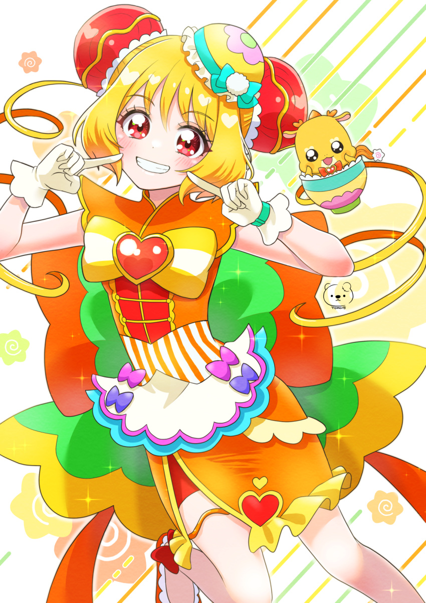 ankle_bow apron back_bow birthday blonde_hair bow bowl brooch bun_cover cure_yum-yum delicious_party_precure dragon dress female gloves hair_bun hanamichi_ran happy_birthday heart heart_brooch highres huge_bow jewelry long_hair looking_at_viewer magical_girl medium_dress mem-mem_(precure) moro_precure orange_dress orange_footwear precure red_eyes shorts_under_dress smile triple_bun white_background white_gloves white_stripes