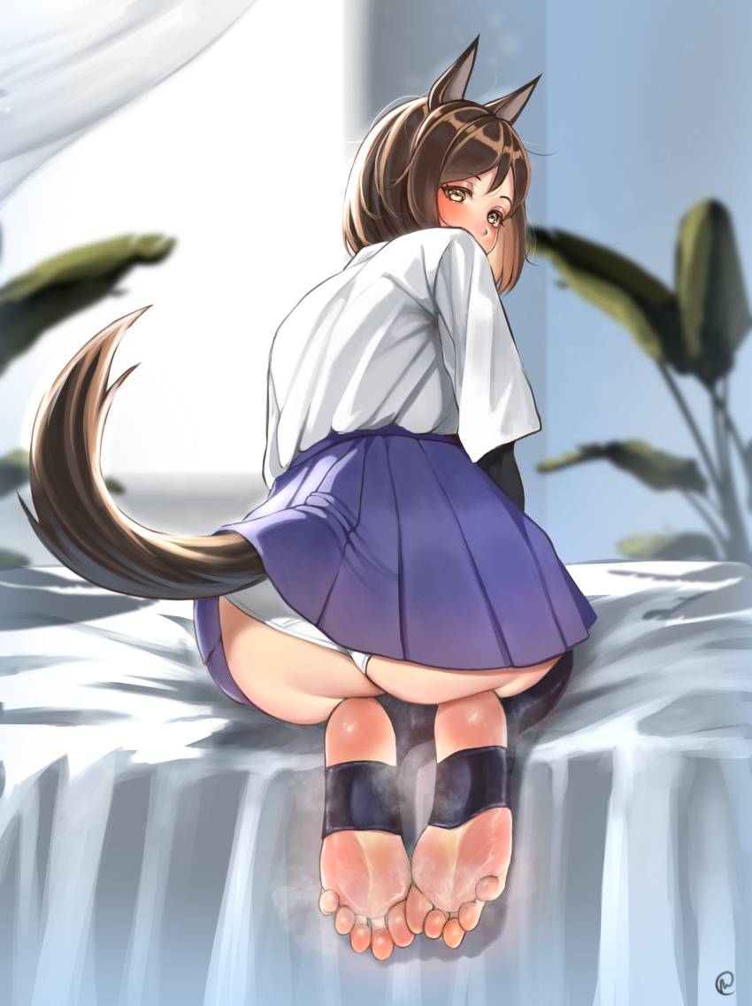 absurdres animal_ears ass bed_sheet black_thighhighs black_undershirt blue_sky blurry blurry_background brown_hair brown_tail commentary commission dog_ears dog_girl dog_tail english_commentary eyelashes feet female foot_focus from_behind full_body greek_toe high-waist_skirt highres kuroda_kunika leaning_forward looking_at_viewer looking_back medium_hair miniskirt nikishiko no_shoes noble_witches on_bed panties pixiv_commission short_sleeves signature skirt sky smell soles solo steaming_body stirrup_legwear tail thighhighs toeless_legwear toenails toes undershirt underwear white_panties world_witches_series yellow_eyes