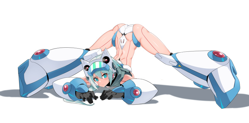 android ass blue_eyes blue_hair breasts female full_body goggles goggles_on_head highres ico_(megaman_x_dive) jack-o'_challenge joints legs_apart looking_at_viewer mega_man_(series) mega_man_x_(series) mega_man_x_dive mixed-language_commentary official_alternate_costume popo_(popo0cat) robot_ears robot_joints simple_background solo spread_legs swimsuit top-down_bottom-up white_background wide_spread_legs