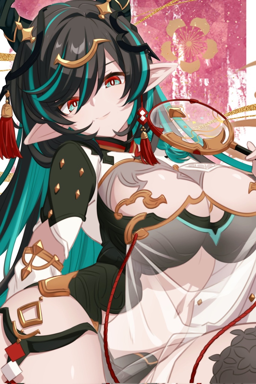 black_hair black_thighhighs breast_cutout breasts cleavage cleavage_cutout clothing_cutout colored_inner_hair detached_sleeves dragon_girl dragon_horns draph dress female gradient_hair granblue_fantasy green_eyes green_hair hair_ornament highres horn_ornament horns large_breasts leotard long_hair looking_at_viewer mole mole_under_mouth multicolored_eyes multicolored_hair navel navel_cutout payila_(granblue_fantasy) pelvic_curtain pochi-a pointy_ears red_eyes see-through see-through_dress solo stomach_cutout tassel tassel_hair_ornament thighhighs thighs tuanshan two-tone_eyes two-tone_hair very_long_hair wide_hips