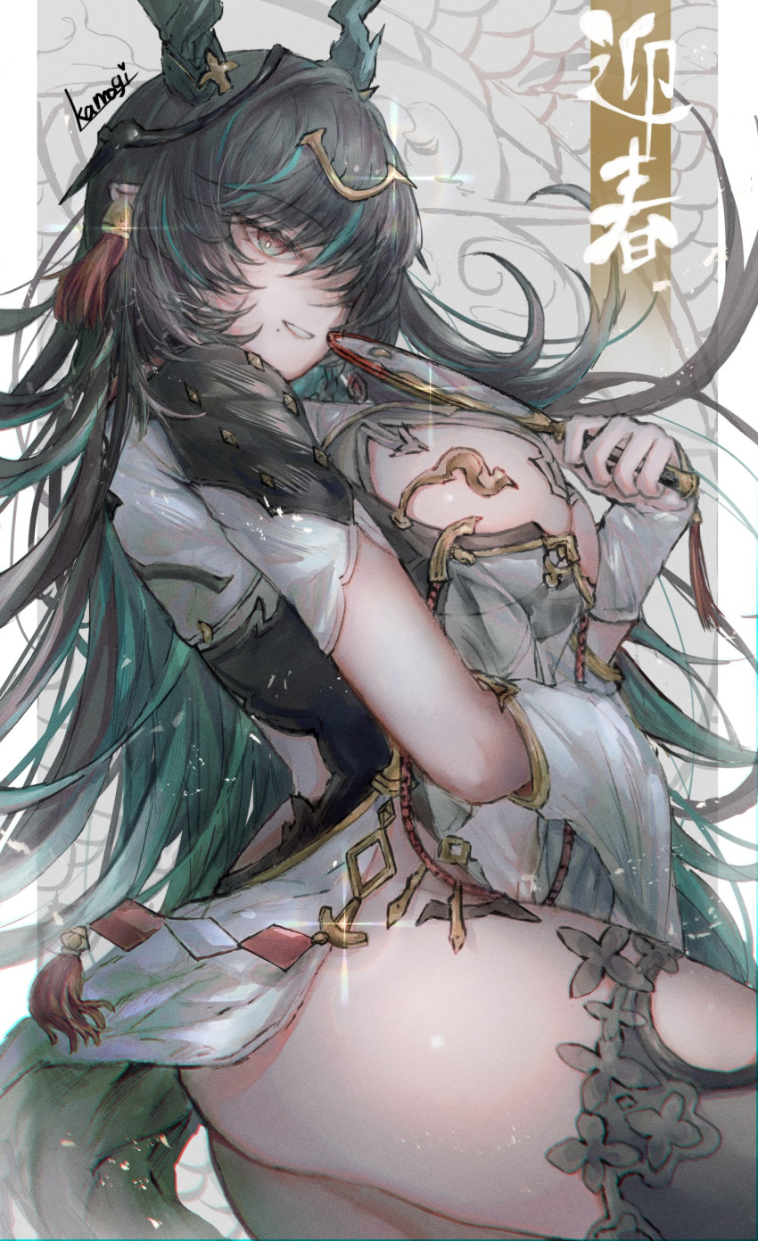 absurdres black_hair black_thighhighs breast_cutout breasts cleavage cleavage_cutout clothing_cutout colored_inner_hair detached_sleeves dragon_girl dragon_horns draph dress female fingerless_gloves gamo_tako gloves gradient_hair granblue_fantasy green_eyes green_hair hair_ornament highres horn_ornament horns large_breasts leotard long_hair mole mole_under_mouth multicolored_eyes multicolored_hair payila_(granblue_fantasy) pelvic_curtain pointy_ears red_eyes see-through see-through_dress solo stomach_cutout tassel tassel_hair_ornament thighhighs thighs tuanshan two-tone_eyes two-tone_hair very_long_hair white_gloves