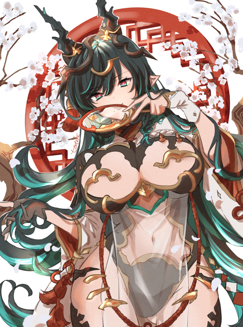 absurdres black_gloves black_hair black_thighhighs branch breast_cutout breasts cleavage cleavage_cutout clothing_cutout colored_inner_hair detached_sleeves dragon_girl dragon_horns draph dress female fingerless_gloves flower gloves gradient_hair granblue_fantasy green_eyes green_hair hair_ornament hatake_oekaki highres horn_ornament horns large_breasts leotard long_hair looking_at_viewer mole mole_under_mouth multicolored_eyes multicolored_hair navel navel_cutout payila_(granblue_fantasy) pelvic_curtain plum_blossoms pointy_ears red_eyes see-through see-through_dress solo stomach_cutout tassel tassel_hair_ornament thick_thighs thighhighs thighs tuanshan two-tone_eyes two-tone_hair very_long_hair white_gloves wide_hips