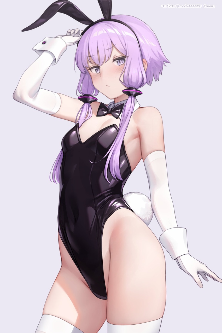 animal_ear_hairband animal_ears black_bow black_bowtie blush bow bowtie breasts closed_mouth commentary detached_collar elbow_gloves fake_animal_ears fake_tail female gloves hairband highres leotard looking_at_viewer mochi_(mochi444420) playboy_bunny purple_eyes purple_hair rabbit_ear_hairband rabbit_ears short_hair_with_long_locks simple_background small_breasts solo strapless strapless_leotard tail thighhighs twitter_username vocaloid voiceroid white_gloves white_thighhighs wrist_cuffs yuzuki_yukari