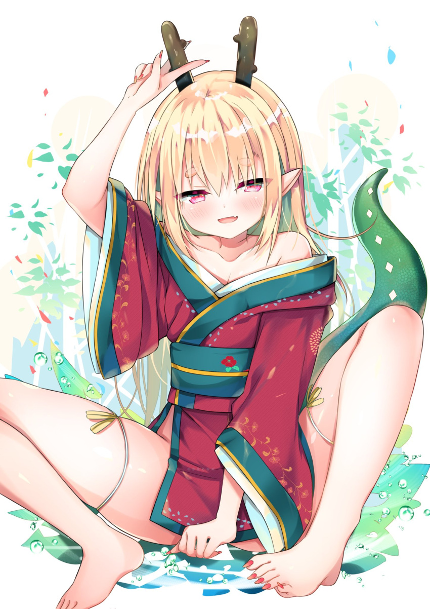 bare_shoulders barefoot blonde_hair blush breasts cleavage collarbone commentary_request dragon_girl dragon_horns dragon_tail female fingernails half-closed_eyes highres horns huei_nazuki japanese_clothes kimono knees_up long_fingernails long_hair long_sleeves long_toenails looking_at_viewer nail_polish obi open_mouth original pelvic_curtain pink_eyes pointy_ears red_kimono red_nails sash sitting small_breasts solo spread_legs tail thick_eyebrows toenail_polish toenails v