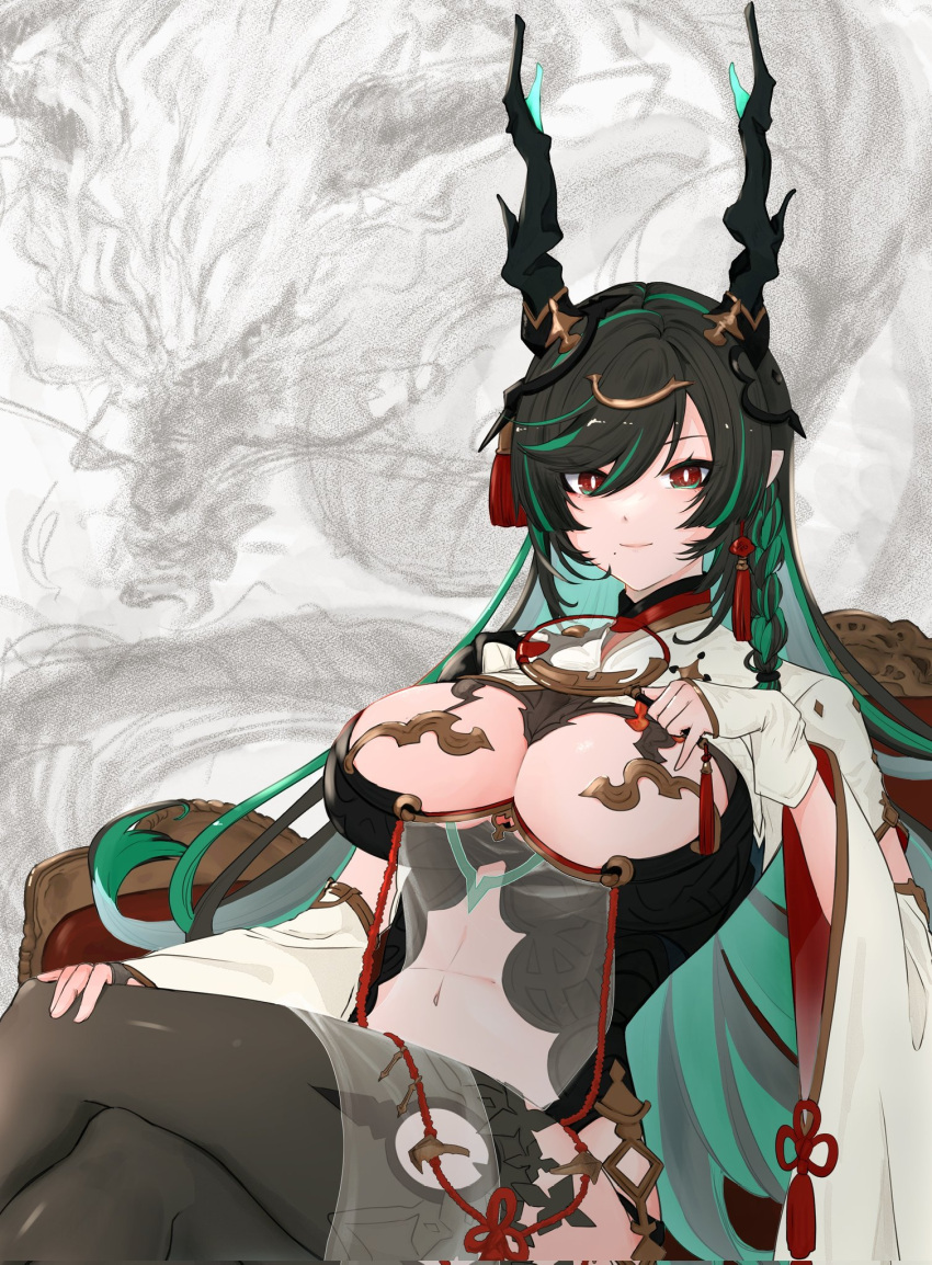 black_hair black_thighhighs breast_cutout breasts chair cleavage cleavage_cutout clothing_cutout colored_inner_hair crossed_legs detached_sleeves dragon_girl dragon_horns draph dress female fingerless_gloves gloves gomikas_100 gradient_hair granblue_fantasy green_eyes green_hair hair_ornament highres horn_ornament horns large_breasts leotard long_hair looking_at_viewer mole mole_under_mouth multicolored_eyes multicolored_hair navel navel_cutout payila_(granblue_fantasy) pelvic_curtain pointy_ears red_eyes see-through see-through_dress sitting solo stomach_cutout tassel tassel_hair_ornament thighhighs tuanshan two-tone_eyes two-tone_hair very_long_hair white_gloves