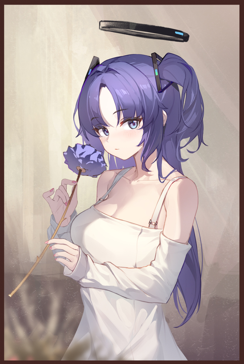 absurdres blue_archive blush breasts cleavage closed_mouth dress female flower halo highres holding holding_flower large_breasts long_hair looking_at_viewer mechanical_halo purple_eyes purple_flower purple_hair saw272 solo two_side_up upper_body white_dress yuuka_(blue_archive)