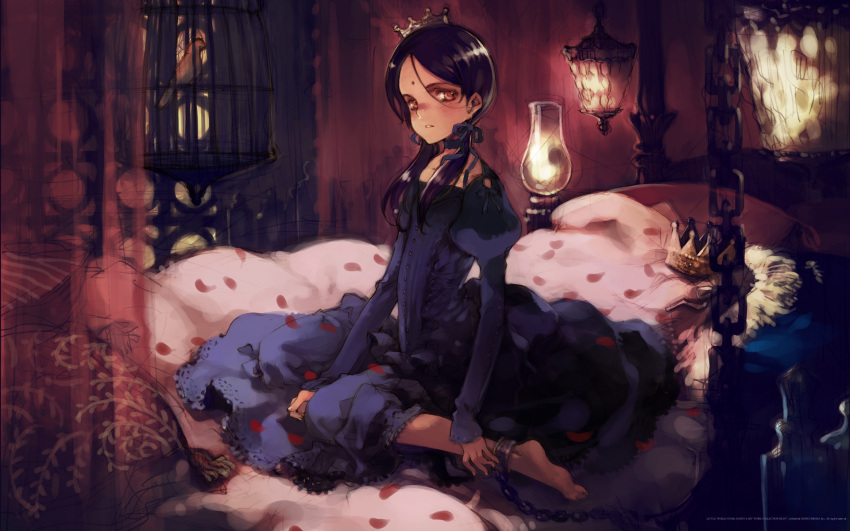 barefoot bed bindi bird birdcage black_hair bondage bondage bound cage chains choker crown cuffs dress female flat_chest goth_fashion highres kaya_xavier long_hair on_bed oyari_ashito shackles shoujo_mahou_gaku_littlewitch_romanesque sitting solo wariza