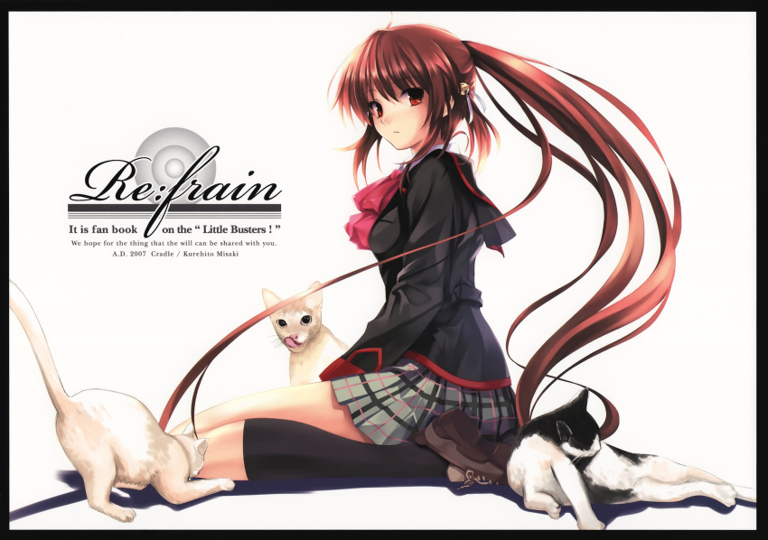 between_legs blush blush bow breasts brown_hair cat_between_legs cradle_(artist) engrish feline hair_ornament highres knee_socks kneehighs kneeling little_busters! long_hair misaki_kurehito natsume_rin ponytail ranguage school_uniform seifuku serafuku skirt socks uniform