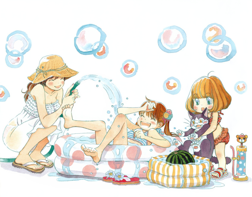 3girls :d ^_^ ahoge air_pump animal arms_up bare_arms bare_shoulders barefoot bikini bikini_top_only blunt_bangs blush blush_stickers bob_cut breasts brown_hair bubble cleavage closed_eyes collarbone covering_face dot_nose dress feline fingernails flower food fruit full_body furrowed_brow green_eyes hat highres holding holding_animal holding_hose hose kawamoto_akari kawamoto_hinata kawamoto_momo large_breasts laughing looking_down multiple_girls open_mouth orange_hair partially_submerged plaid plaid_bikini pom_pom_(clothes) pump red_bikini sandals sangatsu_no_lion siblings simple_background sisters smile soles standing strapless strapless_dress straw_hat striped_bikini striped_clothes submerged sun_hat swimsuit toenails twintails umino_chika wading_pool water water_drop watermelon wet white_background white_dress white_flower wide-eyed