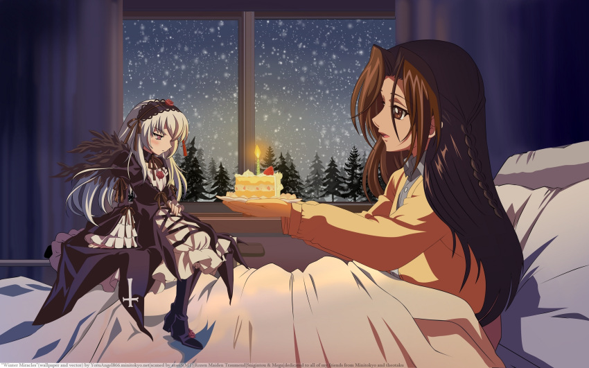 2560x1600 bed blush blush braid braids brown_hair cake dress food gothic highres kakizaki_megu kasugai_hiroyuki lace lolita_fashion long_hair plait rozen_maiden snow suigintou wallpaper window wings