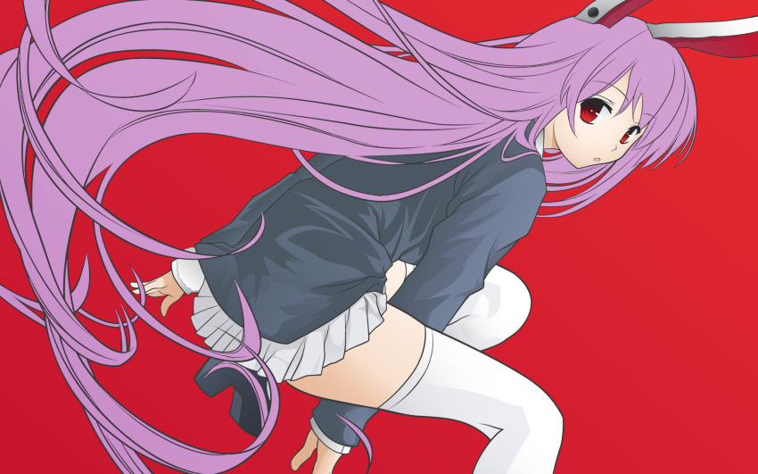 :o animal_ears blazer bunny_ears bunnygirl cradle_(artist) female from_behind high_heels highres jumping long_hair looking_back miniskirt misaki_kurehito pleated_skirt purple_hair red_eyes reisen reisen_udongein_inaba school_uniform shoes skirt thigh_highs thighhighs tie touhou usagimimi very_long_hair white_legwear white_thighhighs zettai_ryouiki