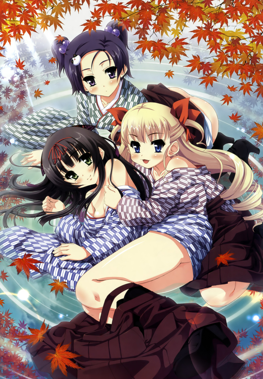 3girls absurdres asagiri_itsuki autumn autumn_leaves black_hair blonde_hair blue_eyes blue_hair green_eyes highres japanese_clothes kimono kisai_rurika kiss_yori_saki_ni_koi_yori_hayaku leaf maple_leaf multiple_girls off_shoulder tougarashi_hideyu tsurugashima_arumi water yagasuri