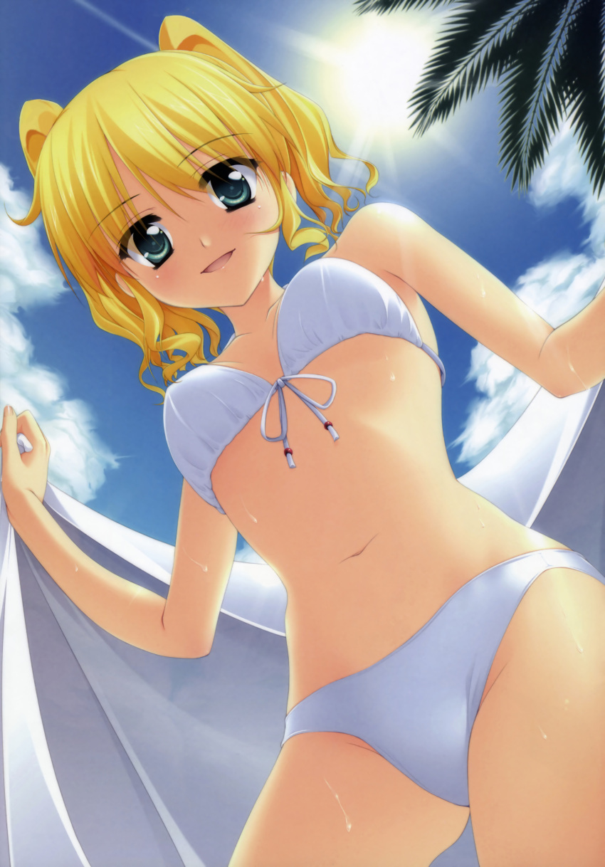 absurdres beach bikini blonde_hair blue_eyes blush cloud day dutch_angle female from_above front-tie_top highres honeycoming_royalsweet light_rays looking_at_viewer matsushita_makako navel open_towel outdoors palm_tree parted_lips rakko_(makarakko) short_hair sky smile solo sun sunbeam sunlight swimsuit tagaya_marino towel tree wet white_bikini