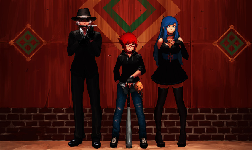 absurdres baseball_bat blue_hair cross dark_skin dungeon_and_fighter dungeon_fighter_online female_priest female_priest_(dungeon_and_fighter) formal glasses gloves hat highres knife mage mage_(dungeon_and_fighter) male_mage male_mage_(dungeon_and_fighter) male_thief male_thief_(dungeon_and_fighter) priest priest_(dungeon_and_fighter) red_hair suit thief