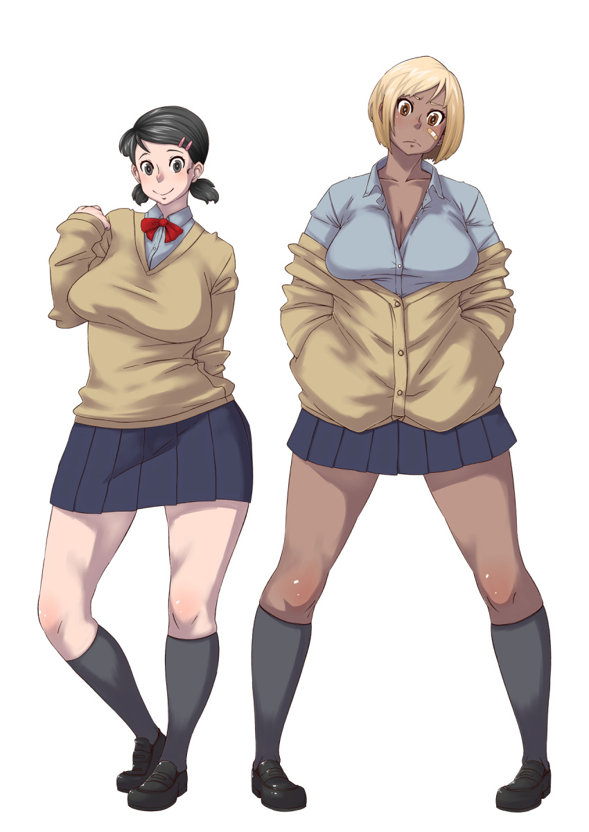 2girls bandage blonde_hair breasts curvy dark_skin highres large_breasts locketmonkey multiple_girls school_uniform smile