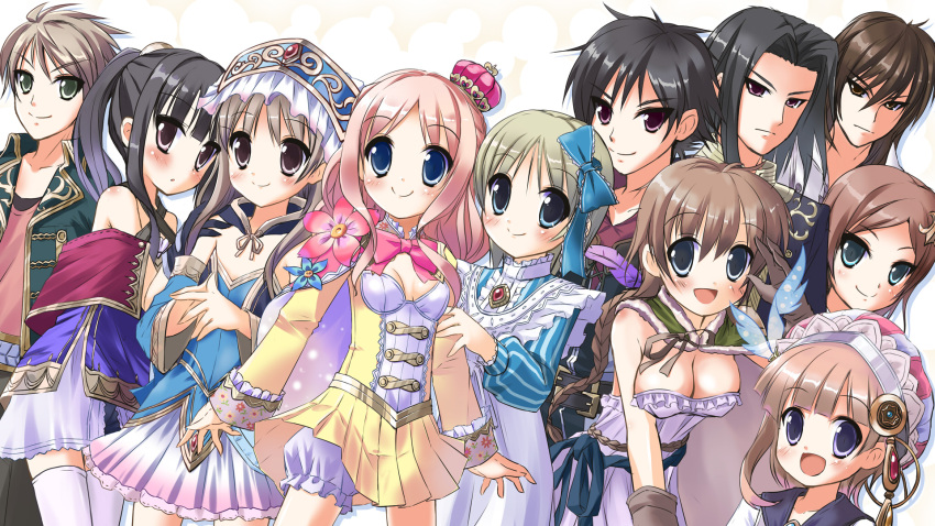 4boys 6+girls 7girls :d adult atelier atelier_(series) atelier_meruru atelier_rorona atelier_totori bangs bare_shoulders belt black_hair bloomers blue_dress blue_eyes blue_ribbon blush bow braid breasts brooch brown_eyes brown_hair butler cape capelet cleavage corsage crown detached_sleeves dress estiy_erhard everyone feathers feathers flat_chest floral_print flower frills gloves gray_eyes gray_hair green_eyes grey_eyes grey_hair hair_ornament hand_on_shoulder hands_together hat highres jacket jeeno_knab jewelry juana_olsys kaena_swaya leaning_forward lias_falken lolicon long_hair maid merurulince_rede_arls mimi_houllier_von_schwarzlang minidraco multiple_boys multiple_girls older open_mouth overcoat parted_bangs pink_hair pink_ribbon ponytail purple_eyes ribbon rororina_fryxell rufes_falken serious shorts smile sterkenburg_cranach totooria_helmold underwear wallpaper white_dress white_legwear white_thighhighs yellow_dress young younger