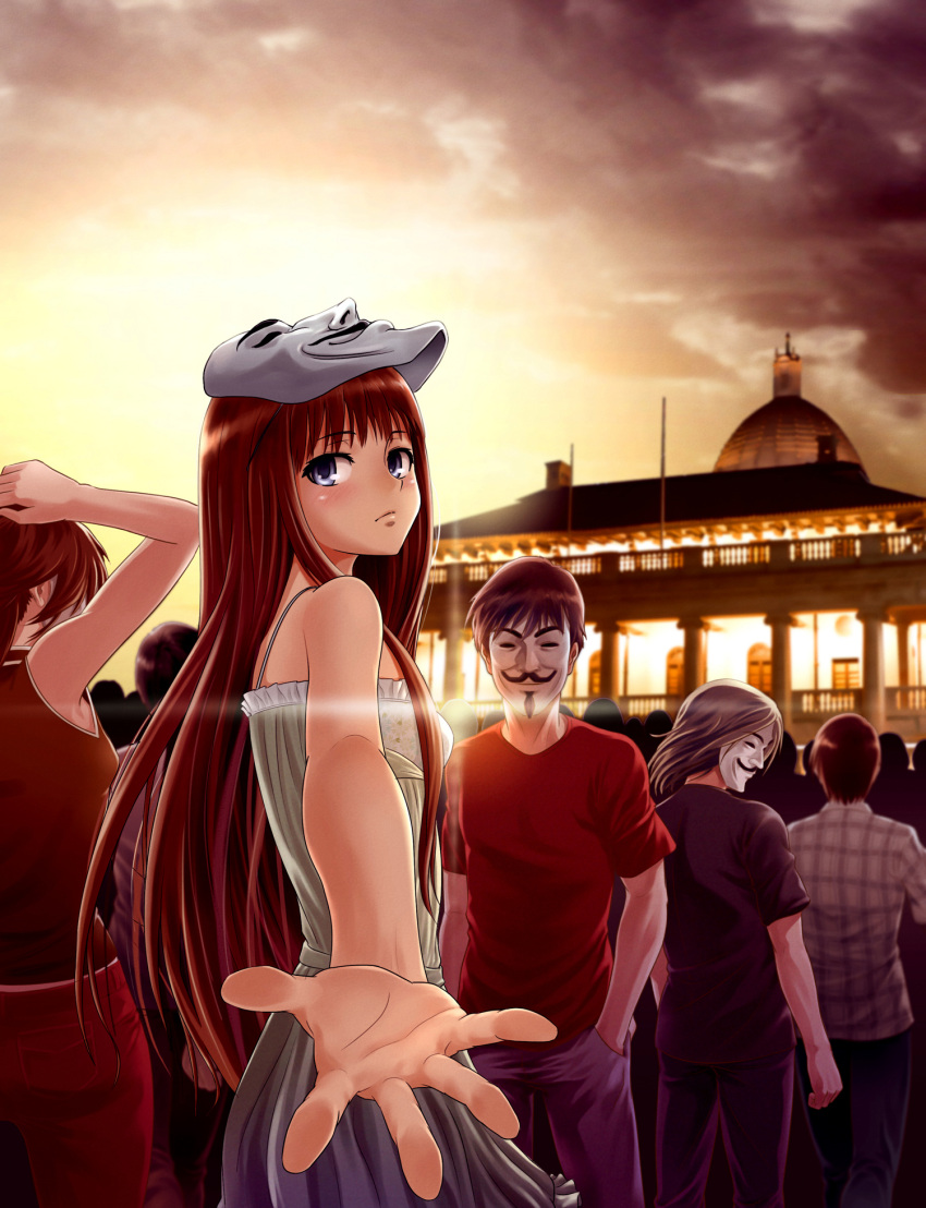 beckoning blue_eyes blush brown_hair commentary denhijou_niki dress evening female foreshortening guy_fawkes_mask hand_in_pocket hand_on_head hands highres lens_flare long_hair mask outstretched_hand photoshop_(medium) sky solo_focus v_for_vendetta