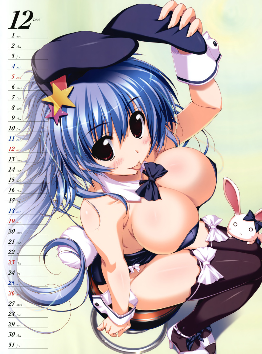 absurdres animal_ears blue_hair bow bowtie breasts calendar_(medium) cleavage december detached_collar female from_above highres large_breasts long_hair mitsumine_minato oshiki_hitoshi playboy_bunny rabbit rabbit_ears rabbit_tail red_eyes solo stool suzunone_seven tail thighhighs