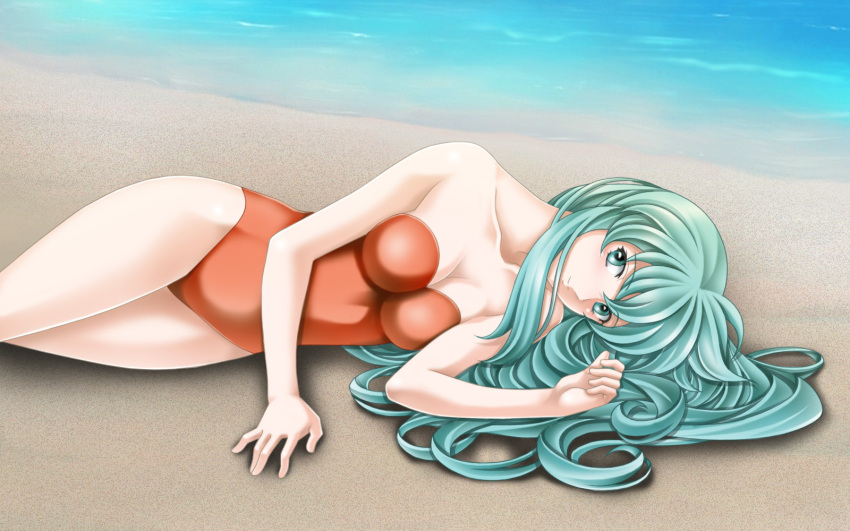 bad_id bad_pixiv_id beach casual_one-piece_swimsuit eirika_(fire_emblem) female fire_emblem fire_emblem:_the_sacred_stones green_eyes green_hair highres long_hair lying on_side one-piece_swimsuit solo swimsuit tamamon