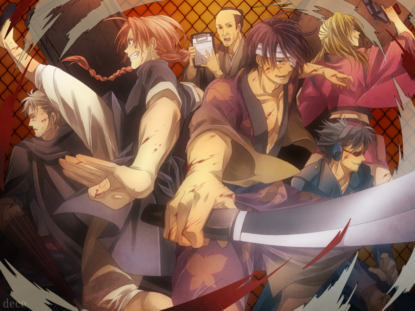 5boys abuto bandages black_hair blonde_hair blood braid commentary_request deco_(geigeki_honey) female gintama grin headphones kamui_(gintama) kawakami_bansai kijima_matako multiple_boys short_hair single_braid smile sunglasses sword takasugi_shinsuke takechi_henpeita weapon