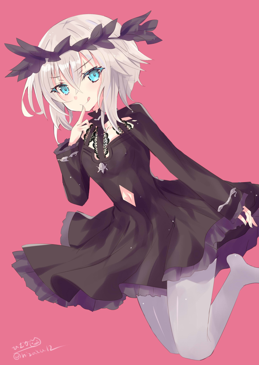 :p absurdres am_isuel artist_name black_dress blue_eyes clothing_cutout cloud dress female finger_to_mouth grey_pantyhose highres hizaka laurel_crown legs_up looking_at_viewer navel navel_cutout no_shoes pantyhose pink_background rance_(series) short_hair simple_background solo tongue tongue_out twitter_username white_hair