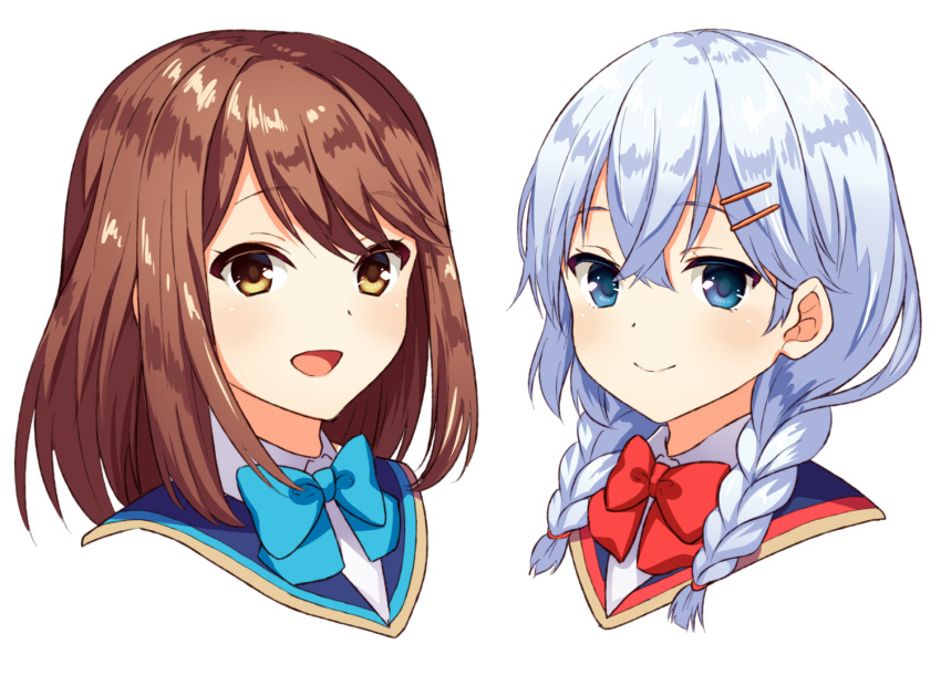 2girls :d bad_id bad_pixiv_id blue_bow blue_eyes blue_neckwear blush bow bowtie braid brown_eyes brown_hair closed_mouth collared_shirt commentary_request girlfriend_(kari) grey_hair hair_between_eyes hair_ornament hairclip long_hair low_twintails multiple_girls murakami_fumio nyanmaru_(ememing) open_mouth portrait red_bow red_bowtie shiina_kokomi shirt simple_background smile twin_braids twintails white_background white_shirt