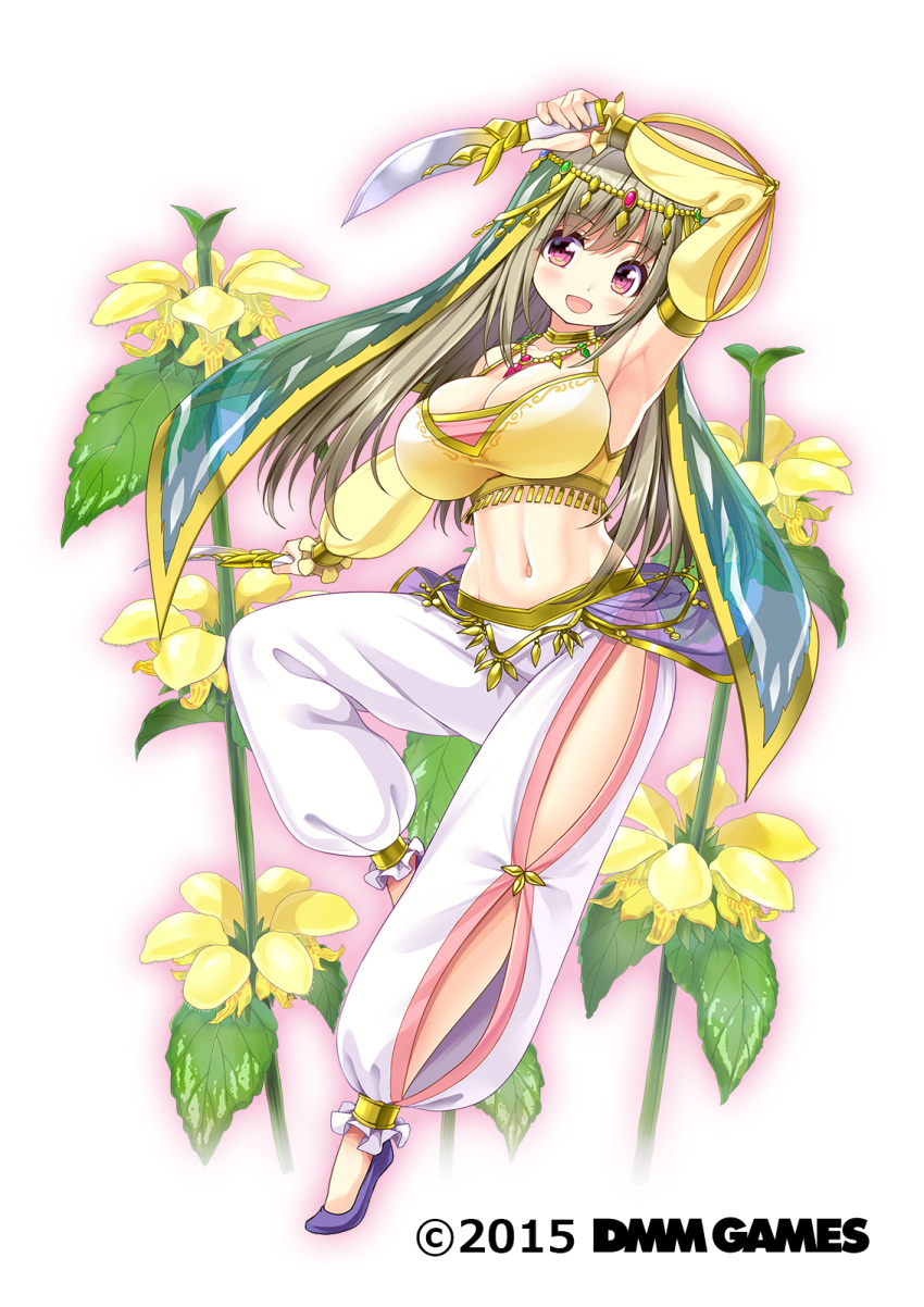 :d breasts brown_hair copyright_name costume_request dancing dmm female flower_knight_girl full_body high_heels highres holding holding_knife knife lamium_(flower_knight_girl) large_breasts long_hair looking_at_viewer name_connection navel object_namesake official_art open_mouth red_eyes shuz_(dodidu) smile solo standing standing_on_one_leg translucent white_background