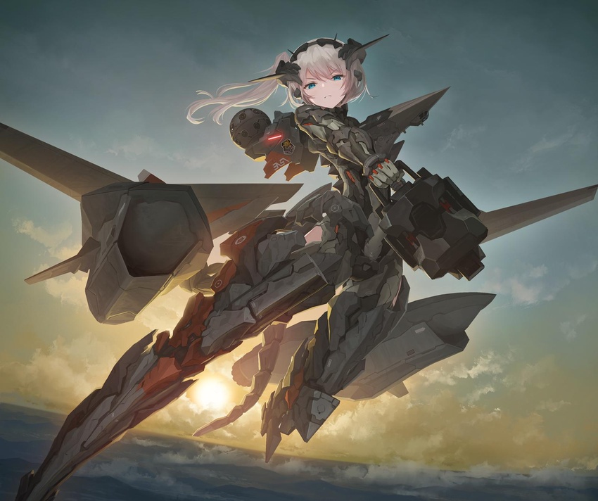 >:( ace_combat ace_combat_7 blue_eyes commentary_request female highres holding holding_weapon looking_at_viewer mecha_musume mechanical_arms mechanical_tail personification railgun side_ponytail single_mechanical_arm solo tail tom-neko_(zamudo_akiyuki) v-shaped_eyebrows weapon white_hair x-02s_strike_wyvern