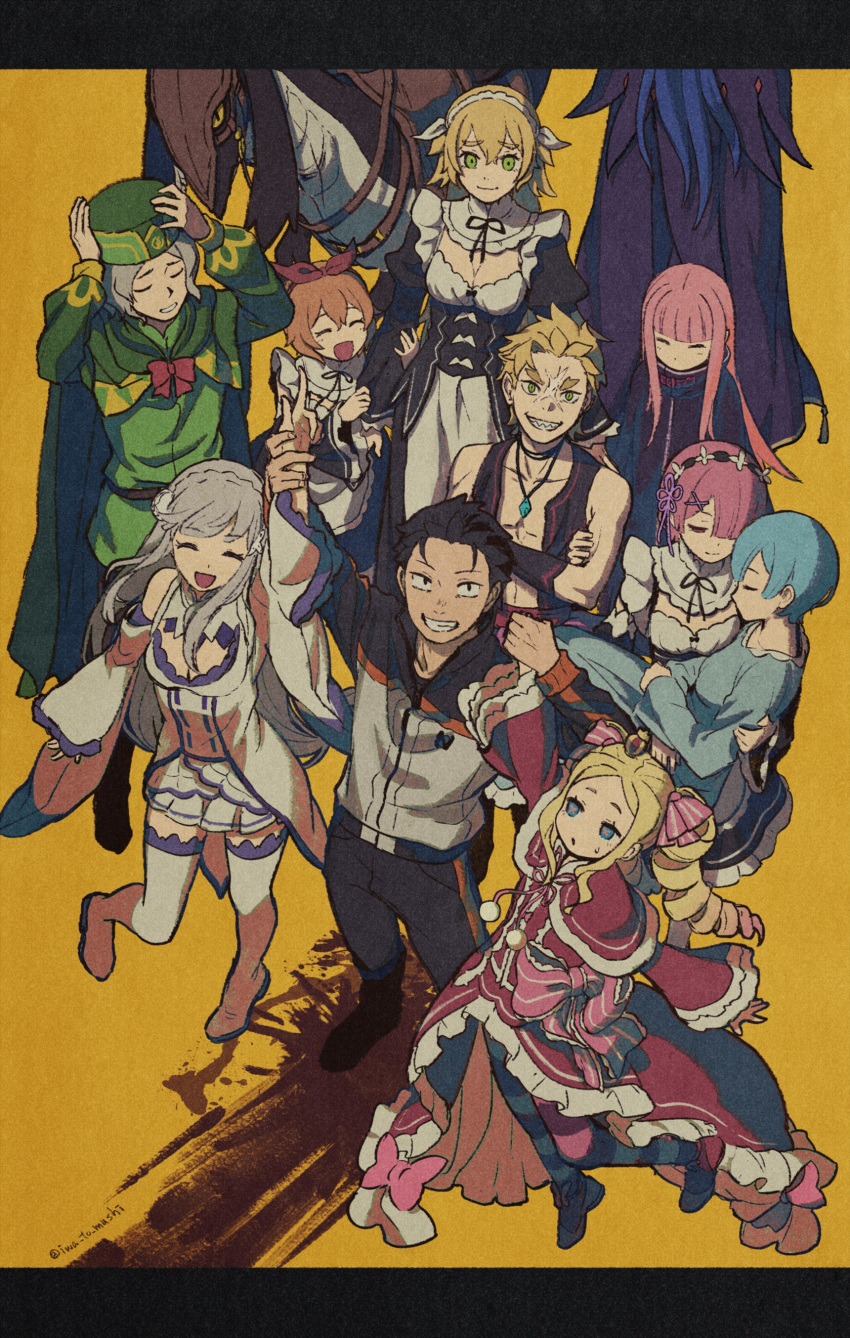 3boys 6+girls :d absurdres arm_up beatrice_(re:zero) black_dress black_hair blonde_hair blood blue_hair boots bow bow_hairband breasts brother_and_sister carrying cleavage clenched_teeth closed_eyes closed_mouth collarbone commentary_request crossed_arms dress drill_hair emilia_(re:zero) eyelashes frederica_baumann frills garfiel_tinsel green_eyes green_headwear grey_hair hair_ornament hair_ribbon hairband hat highres holding_another's_wrist iwamushi jacket jewelry letterboxed long_hair long_sleeves maid multiple_boys multiple_girls natsuki_subaru necklace open_mouth orange_background orange_hair otto_suewen pants pantyhose parted_lips patrasche_(re:zero) petra_leyte pink_bow pink_hair ram_(re:zero) re:zero_kara_hajimeru_isekai_seikatsu red_hairband red_ribbon rem_(re:zero) ribbon roswaal_mansion_maid_uniform ryuzu_meyer shoes short_hair siblings sidelocks simple_background sisters smile standing striped_clothes striped_pantyhose symbol-shaped_pupils teeth thighhighs track_jacket twin_drills