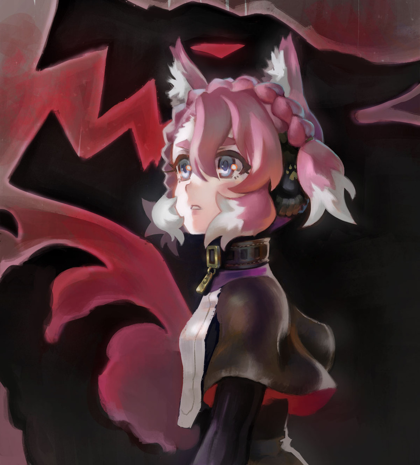 animal_ear_fluff animal_ears black_collar blue_eyes braid capelet collar earmuffs elsa_(symphogear) female hair_between_eyes highres lips looking_up multicolored_hair parted_lips pink_hair purple_hair senki_zesshou_symphogear short_hair solo tail two-tone_hair upper_body visqi white_hair wolf